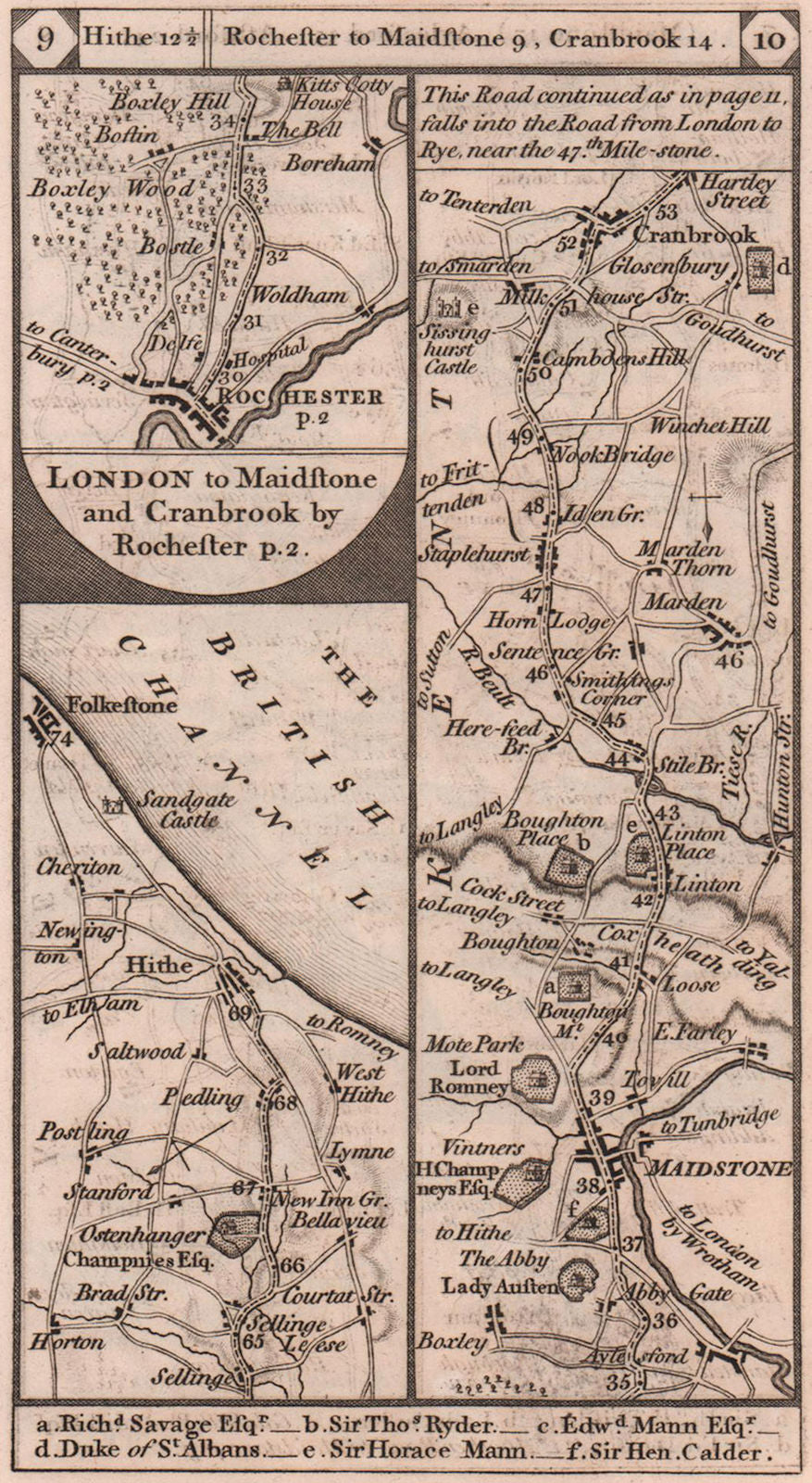 Hythe-Folkestone. Rochester-Maidstone-Cranbrook road strip map PATERSON 1803